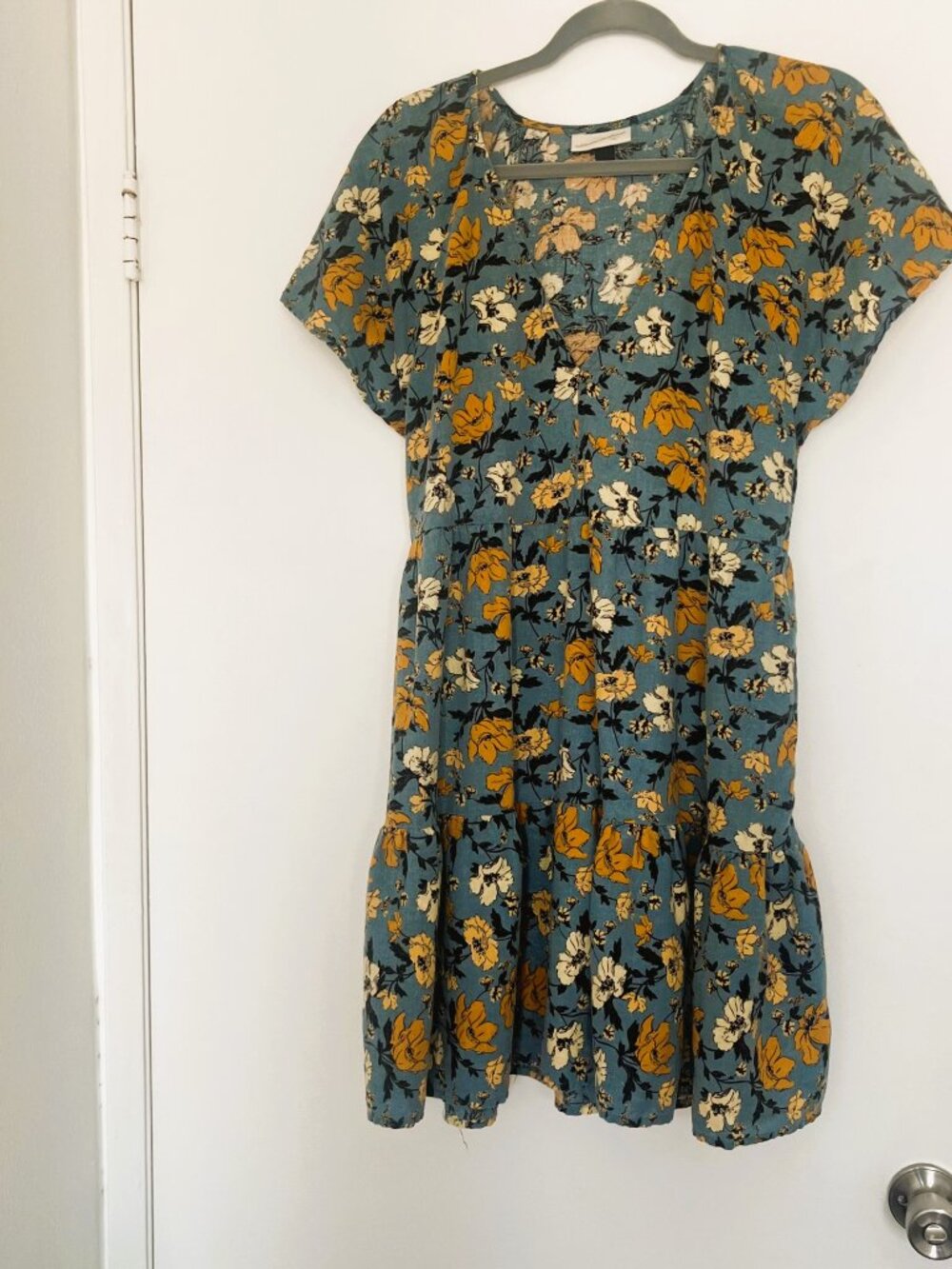 Universal Thread Linen Blend Floral Tiered Dress Medium Blue Mustard Pocket M